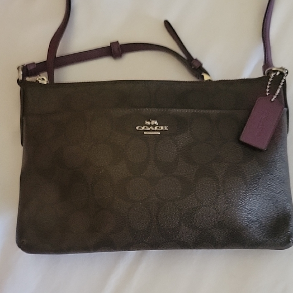 Womens Coach Hip Sling Bag, Brown Priny, Purple Interior And Strap, Coach Tag
